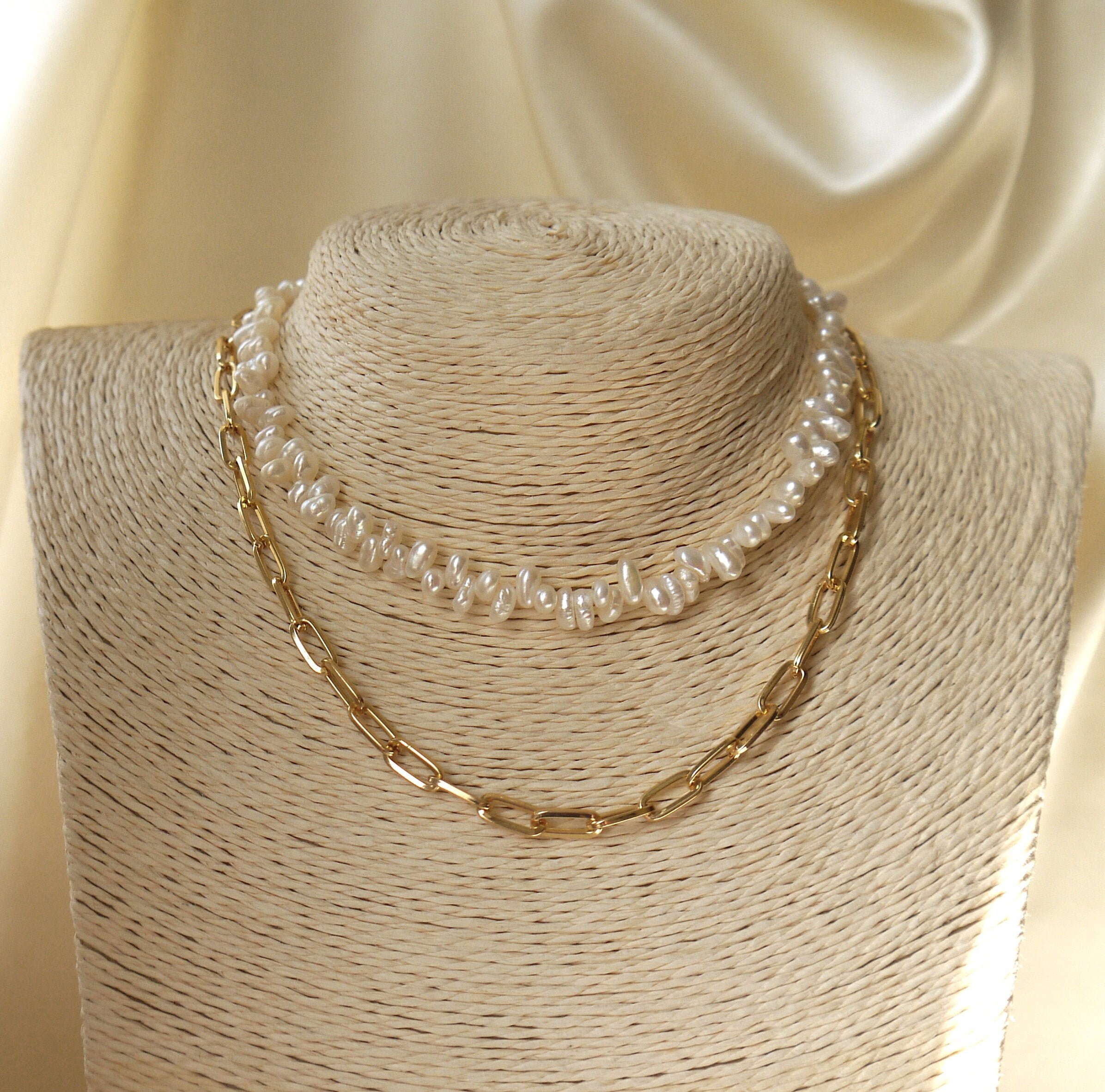 Pearl Chain and Bead Necklace Layered Necklace with Gold Etsy