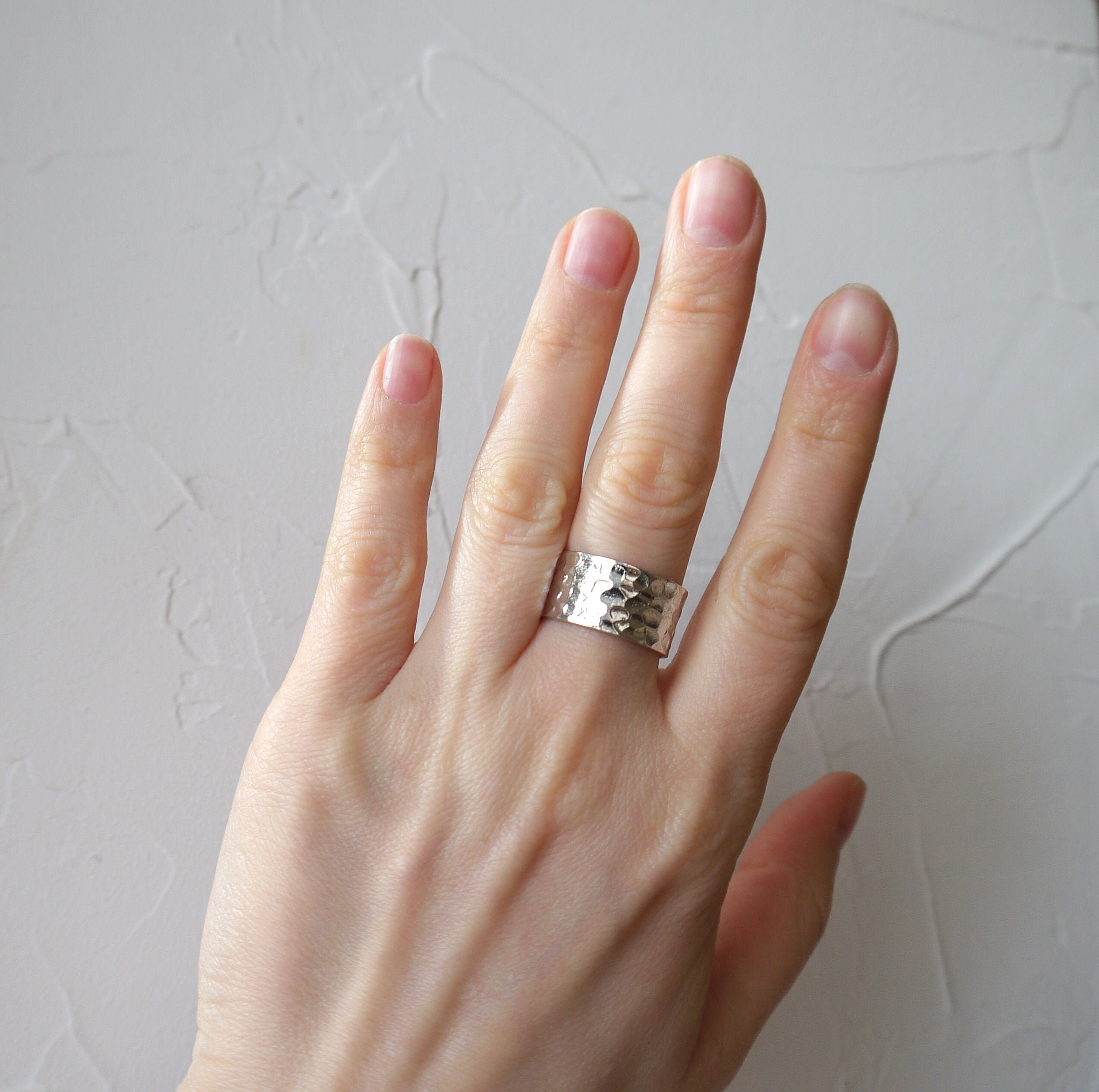 Wide Band Ring Hammered Silver Ring for Women Large Thumb Etsy