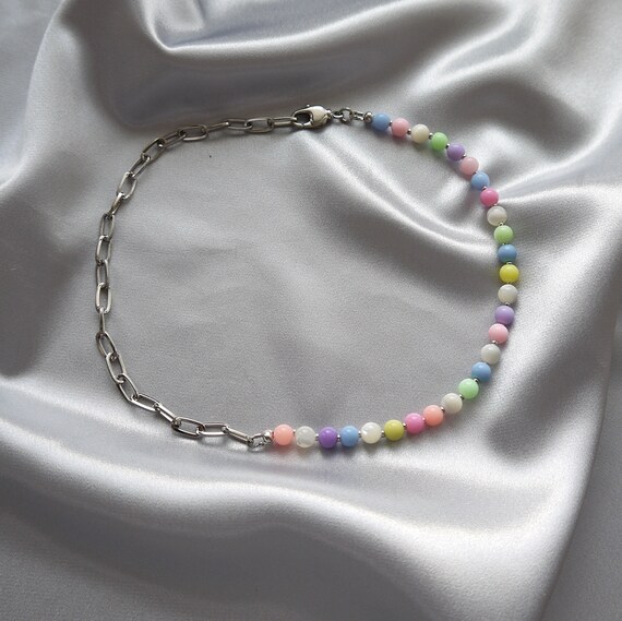 Half Chain Half Colorful Beaded Necklace Silver Paperclip Etsy