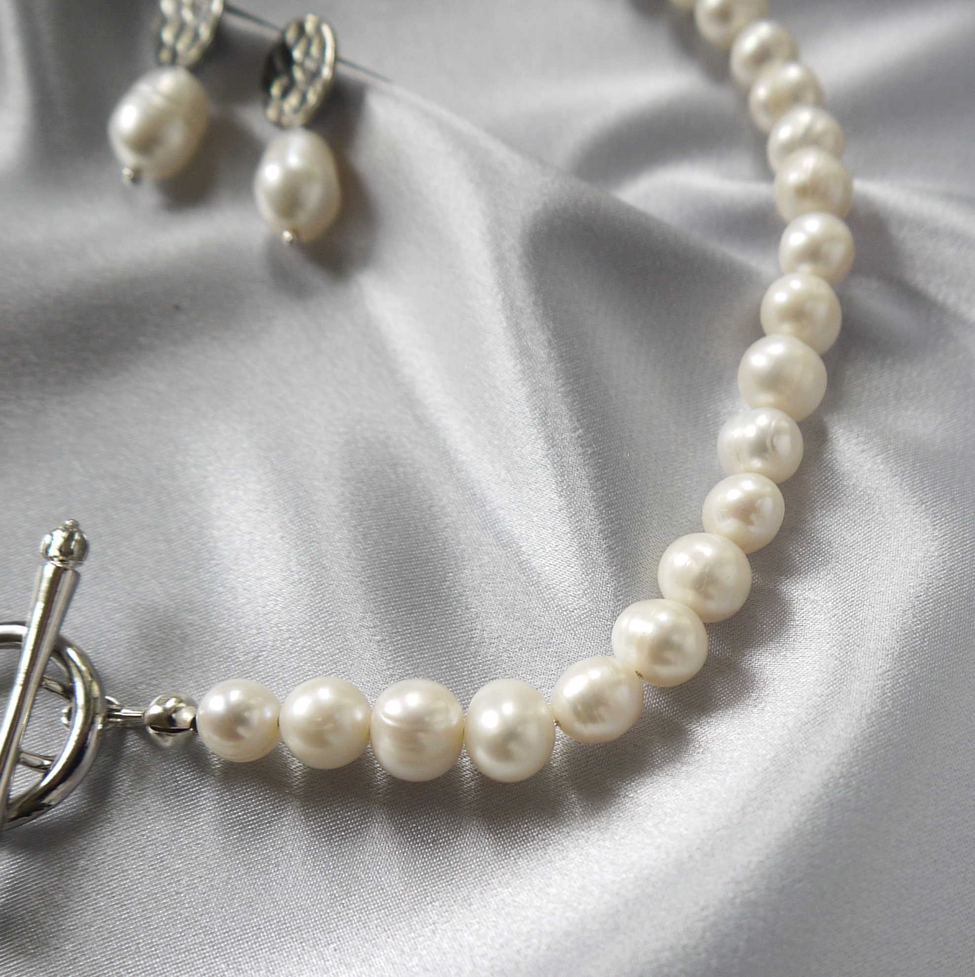 Half Pearl Half Chain Necklace Front Toggle Silver Necklace Etsy