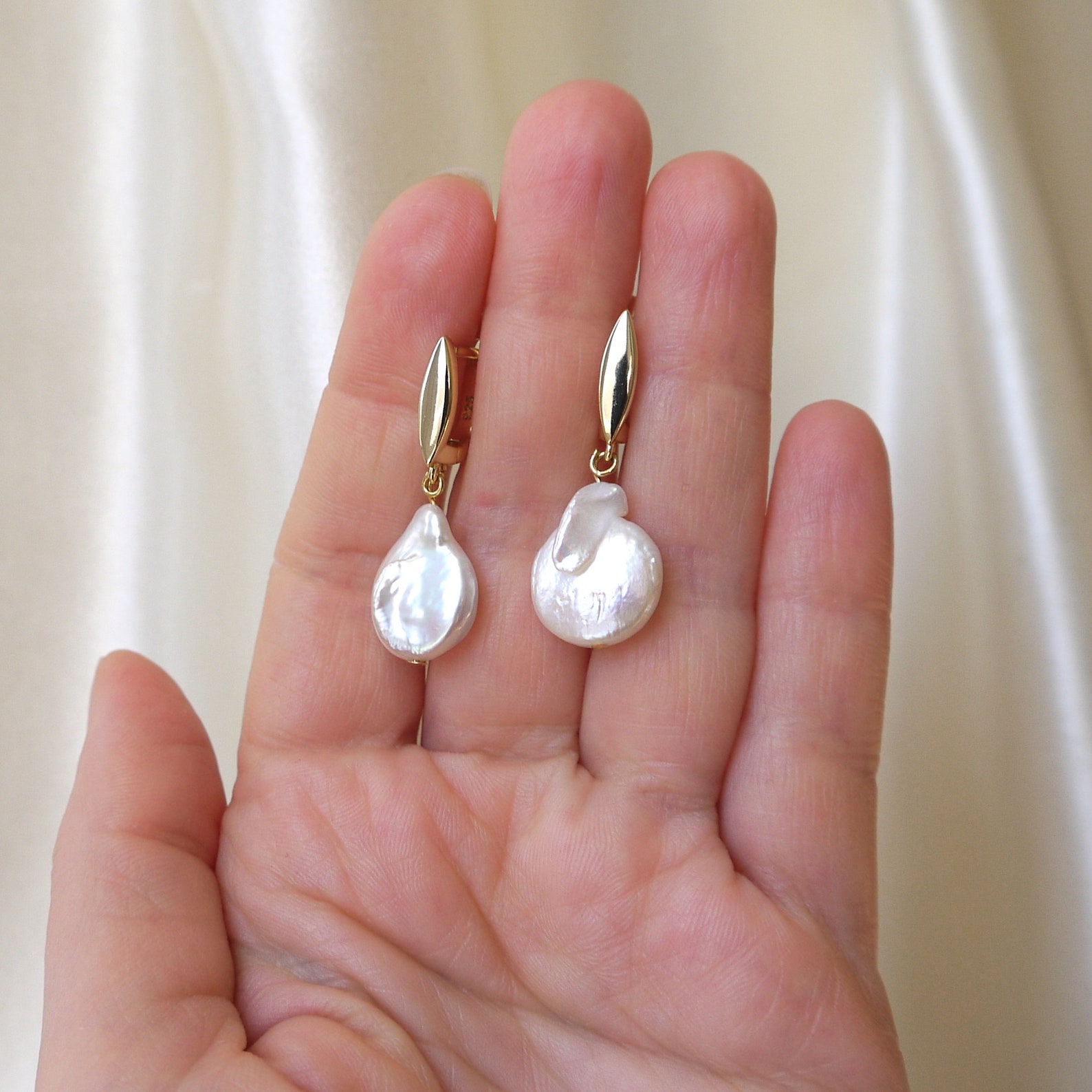 Pearl Teardrop Earrings Gold Latch Back Earrings with Baroque Etsy