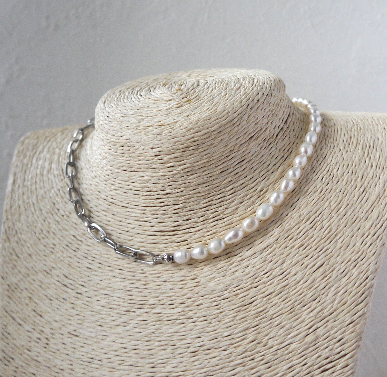 Half Pearl Half Chain Necklace Silver Pearl Paperclip Link Etsy