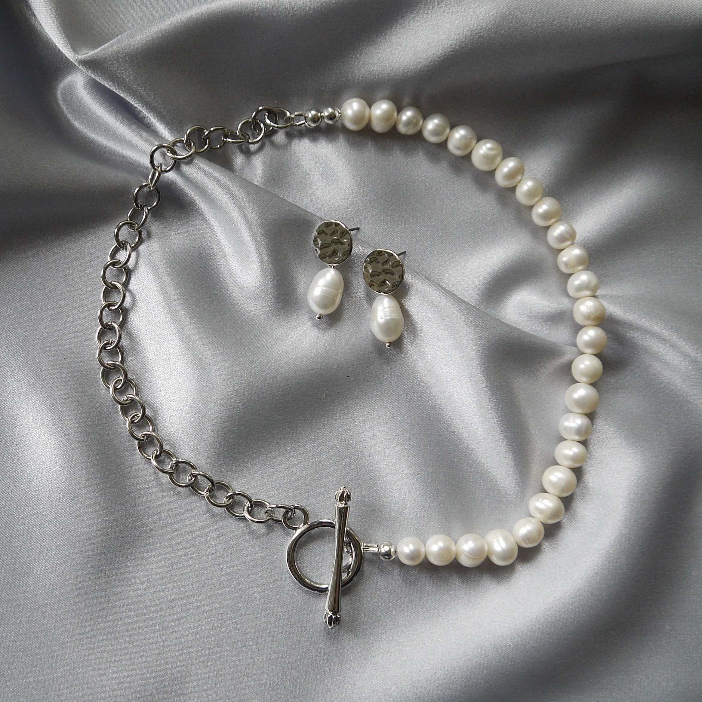 Half Pearl Half Chain Necklace Front Toggle Silver Necklace Etsy Half Pearl Half Chain Necklace Front Toggle Silver Necklace Etsy