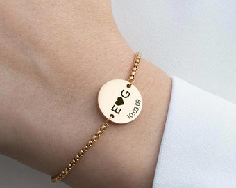 Custom Initial Bracelet, Personalized Date Charm, Stainless Steel