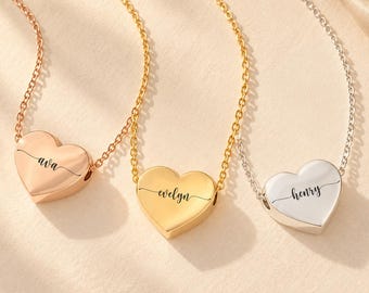 Engraved Heart Name Necklace, Personalised Double Sided Pendant with Kids Names, Custom Word Jewellery, Gift for Mum