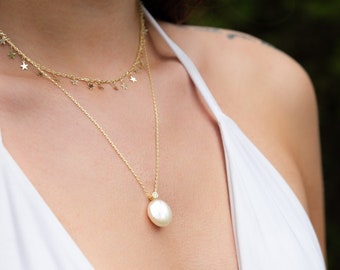 Real Pearl Necklace, Gold Pearl Necklace, Bridesmaid Gifts, Freshwater Pearl Pendant Necklace, Single Pearl Chain Necklace, Mothers Day Gift