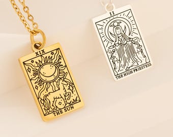Personalised Sun Tarot Card Necklace, Tarot Card Necklace in Gold and Silver, High Priestess Pendant
