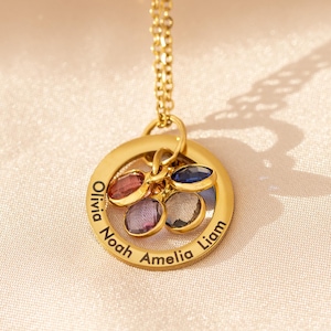 Personalisierte Namenskette mit Geburtsstein, Familie Birthstone Halskette, Nachricht gravierte Kreis Halskette, Familienring Halskette