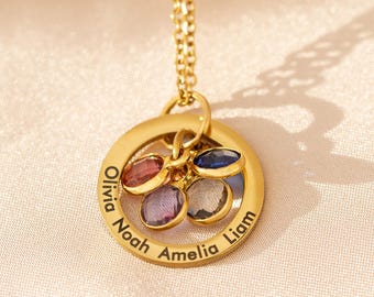 Personalised Name Necklace with Birthstone, Family Birthstone Necklace, Message Engraved Circle Necklace, Family Ring Necklace