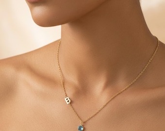 Sideways Initial Necklace with Birthstone, Horizontal Letter Charm and Crystal Birth Month Stone, Dainty Layering Gift for Her