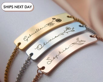 Birth Flower Bracelet Name Engraved, Adjustable Bar Bracelet in Rose Gold & Silver, Personalised Gifts for Women