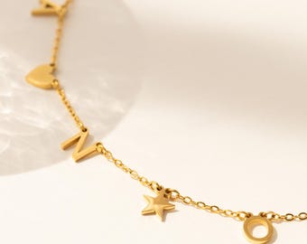 Heart Initial Necklace • Mom Necklace with Kids Initials and Charms in Gold & Silver • Family Necklace • Gold Letter Necklace