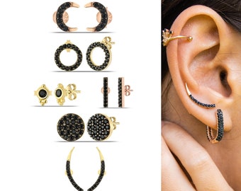 Black Cubic Zirconia Stud Earrings, Sterling Silver, Gold & Rose Gold