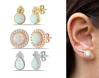 Opal Earrings Stud in Gold, Sterling Silver & Rose, Lab Opal Stud Earrings for Women, Gifts for Her, Opal Halo Earrings