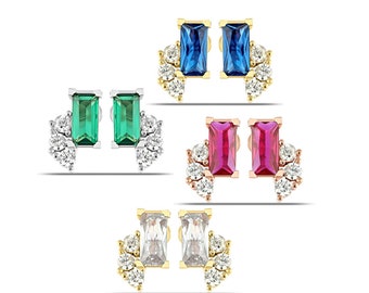 Emerald Earrings Studs, Ruby, Sapphire, Diamond Baguette Earrings, Bridal Earrings in Rose Gold & Sterling Silver