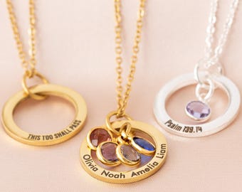 Engraved Family Ring Charm, Personalized Birthstone Name Necklace, Christmas Gift for Mum