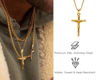 Mens Cross Necklace • Gold Cross Crucifix Necklace • Boyfriend Christmas Gift Idea • Silver Cross Pendant Necklace •  Religious Gift For Men