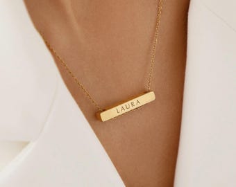 Personalized Bar Necklace, Custom Name Necklace, 14K Gold Engraved Bar Necklace, Personalised Gift for Mom, Silver Necklace for Women