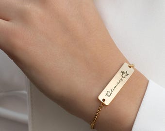 Name and Birth Flower Bracelet, Engraved Script Bar with Birth Month Flower, Personalised Gift for Mum, Birthday Gift for Her