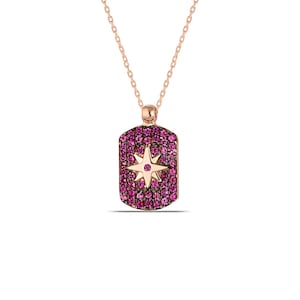 CZ Ruby Pave Dog Tag Necklace, Bridesmaid Necklace, Minimal Star Pendant Necklace, Small Star Necklace, Gold Dainty Star Burst Necklace