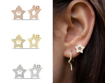 Star Stud Earrings in Gold, Sterling Silver & Rose Gold, CZ Celestial Earrings, Gifts for Her