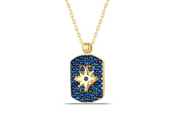 Gold Star Pendant Necklace, CZ Sapphire Pave Dog Tag Necklace, Star Burst Necklace, Rectangle Pendant Necklace, Anniversary Gift for Wife