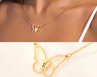 Custom Initial Necklace with Butterfly, Engraved Butterfly Necklace, Silver Letter Necklace, Gold Plated Letter Necklace, Initial Necklace