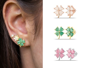 Sterling Silver Shamrock Earrings, Frosted Cubic Zirconia Clover Studs