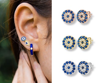 Evil Eye Earrings Studs in Sterling Silver, Gold & Rose Gold, Evil Eye Jewelry, Gifts for Girls. Gifts for Women
