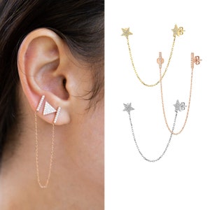 Double Piercing Earrings with Chain, Double Hole Star Earrings, Cubic Zirconia Bar Stud Earrings in Sterling Silver, Gold & Rose Gold
