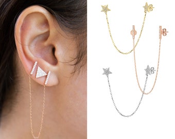 Double Piercing Earrings with Chain, Double Hole Star Earrings, Cubic Zirconia Bar Stud Earrings in Sterling Silver, Gold & Rose Gold