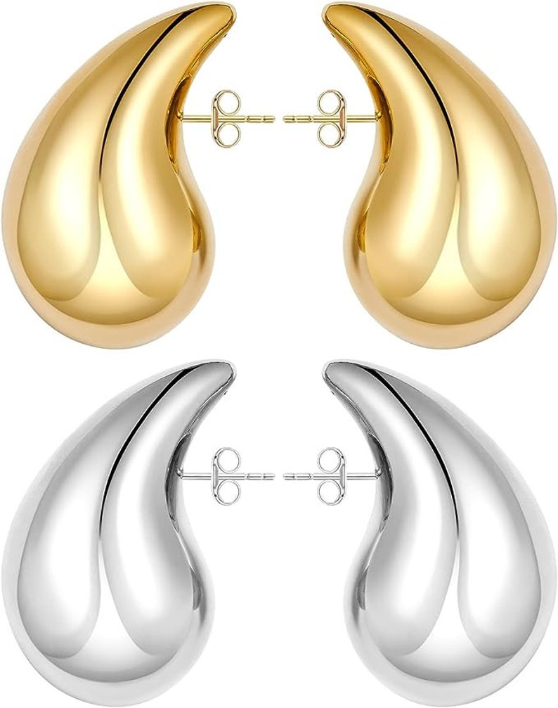 Wassertropfen Ohrringe, Chunky Gold Teardrop Ohrringe, Drop Dupe Ohrringe, Chunky Dome Hoop Ohrringe, 18K Gold Ohrstecker Bild 4