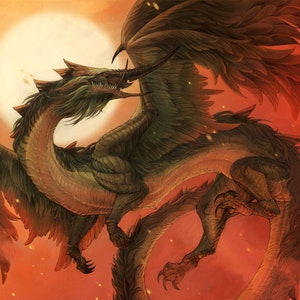 May include: A green dragon with large, feathered wings spreads its wings against a red and orange sunset. The dragon has a long, serpentine neck and a fierce expression.