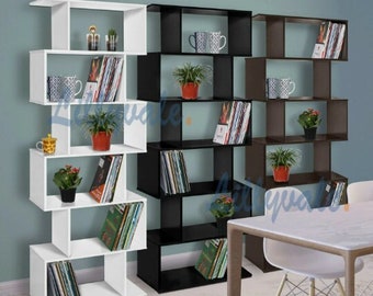 Free Standing Wood Bookcase Bookshelf S Shape 6 Tier Shelves Shelving Storage Organizer Black White Brown