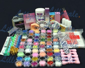 Full 60 Acrylic Powder Glitter Liquid Nail Art Kits Set Tip Brush Glue