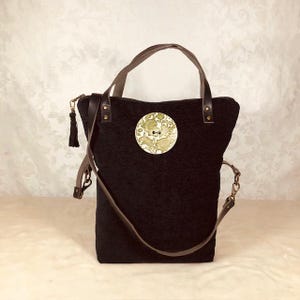 Sac à bandoulière en chenille noire - Cabas noir à fermeture éclair pour femme - Sac à bandoulière avec lanières de cuir