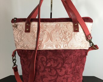 Burgundy velvet tote bag with red leather straps – foldover clutch bag – shoulder bag for women