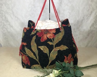 Floral Carpet Tote Cinched with Satin Cording | Black and Red Victorian Style Tapestry Bag | Gothic Romantic Carryall