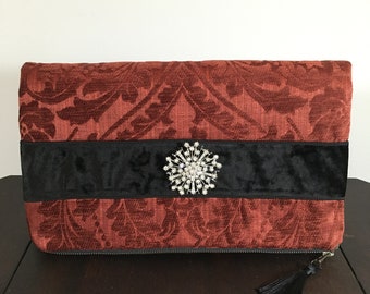 Burgundy Velvet Evening Bag – Black Tie Event Purse – Luxury Foldover Clutch - Large Wedding Clutch for Bride