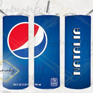 May include: A blue and white tumbler with a Pepsi logo and the text "250 Calories Per Bottle" and "591 mL". A second tumbler is blue with the name "Natalia" in white text.