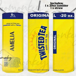 May include: A yellow and blue 20 ounce tumbler with the Twisted Tea logo and the text "Original Hard Iced Tea" and "Made with real Brewed Tea". The tumbler is personalized with the name "Amelia" and the text "5% Alc./Vol. Show us how you unwind with a twist".