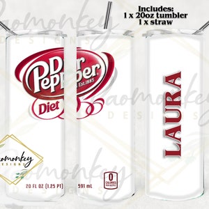 May include: Two 20 ounce clear acrylic tumblers with a white background. One tumbler has a red and white Diet Dr Pepper logo with the text "Est. 1885" and "Diet". The other tumbler has the name "LAURA" in red letters. Both tumblers include a straw. The text "Includes: 1 x 20oz tumbler 1 x straw" is at the top of the image.