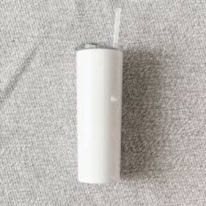 May include: A white, stainless steel tumbler with a lid and a straw. The tumbler is empty and has a smooth, shiny finish.