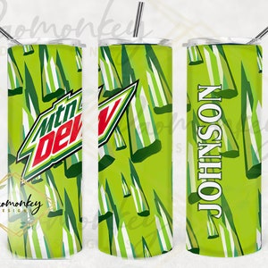 May include: Three stainless steel tumblers with a green and white mountain dew inspired design. The center tumbler has the Mountain Dew logo. The right tumbler has the name JOHNSON.