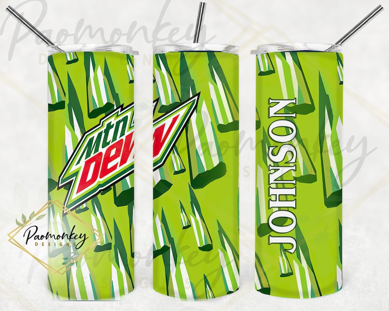 May include: Three stainless steel tumblers with a green and white mountain dew inspired design. The center tumbler has the Mountain Dew logo. The right tumbler has the name JOHNSON.