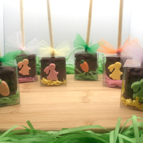 Easter Chocolate Covered Rice Krispie Treat Pops | Coverture Milk Chocolate Treats | Chocolate Bunny | Wooden Stick in Display Box with Bow