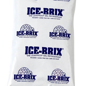 May include: White reusable ice pack with blue text and logo that reads "ICE-BRIX® THE LEAKPROOF GEL REFRIGERANT reusable colder than ice safe non-toxic".