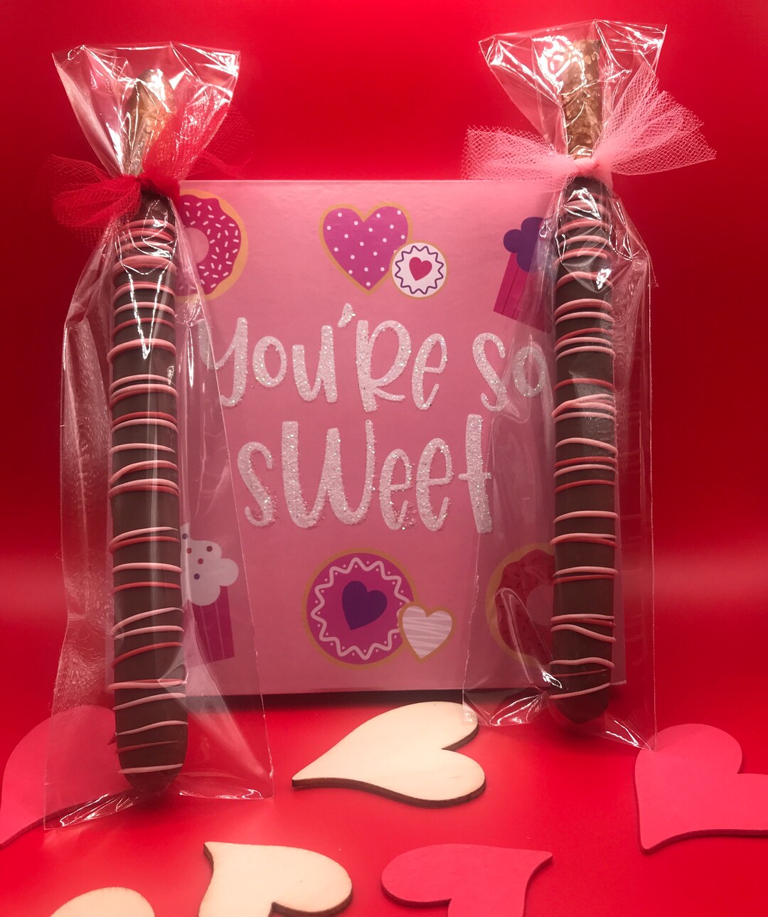 Valentine Chocolate Covered Pretzel Rods, Individually Wrapped, no Flat