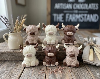 Chocolate Highland Cows | Gift Box of 6 Individually Wrapped Highland Cow Chocolates | Cow Cake and Cupcake Toppers | Farm Animal Party
