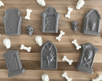 Chocolate Tombstones | Set of 6 With Free Bag of Skulls & Bones | Over the Hill | Macabre Theme | Cemetary Cake | 40th Birthday | Til Death